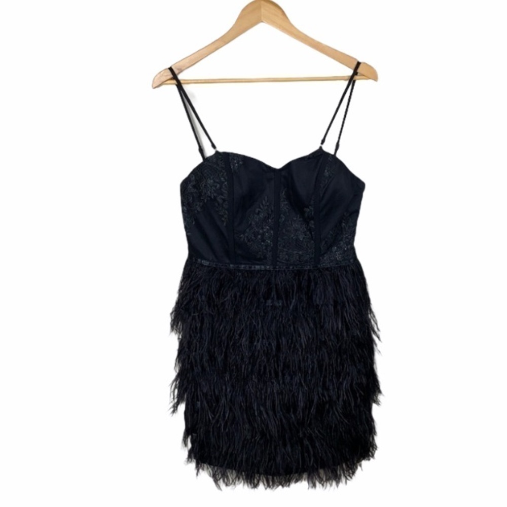 Windsor black ostrich spaghetti strap feather mini dress size large NWT - Picture 2 of 12